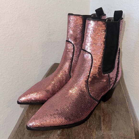 Paige Willa Chelsea Booties Pink Sequined Ankle Gored Boots 7.5 - Picture 4 of 13